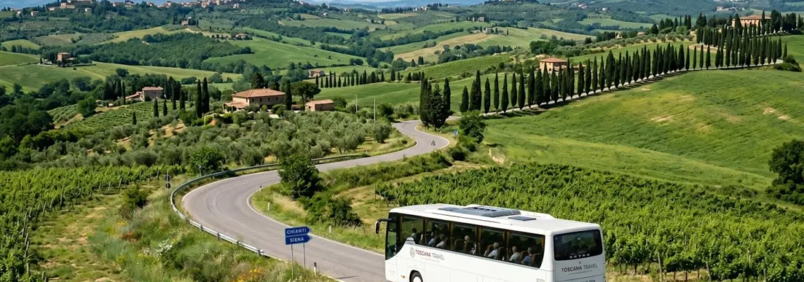 A modern white intercity bus driving along a scenic Tuscan road lined with cypress trees under bright afternoon sunlight