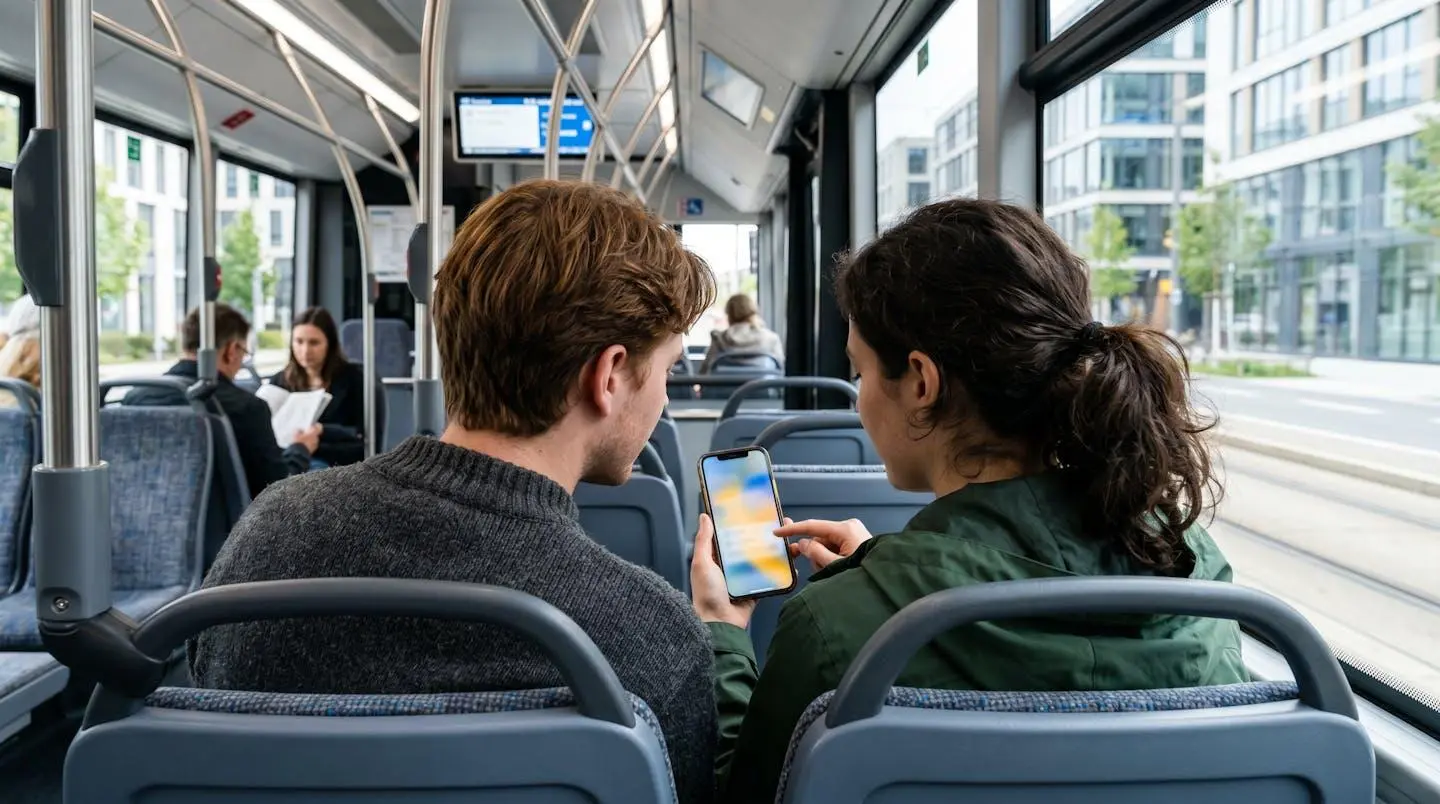 Two travelers seen from behind sitting together on a bus seat, looking at a smartphone screen together in natural window light