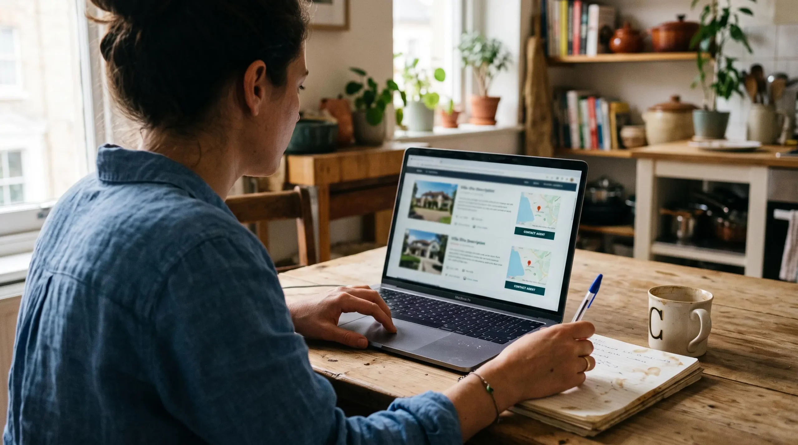 A woman comparing villa listings on a laptop at a kitchen table.