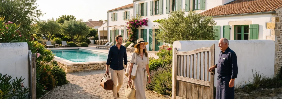 A couple arriving at a whitewashed luxury villa with a pool on Île de Ré.