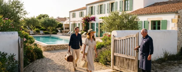 A couple arriving at a whitewashed luxury villa with a pool on Île de Ré.