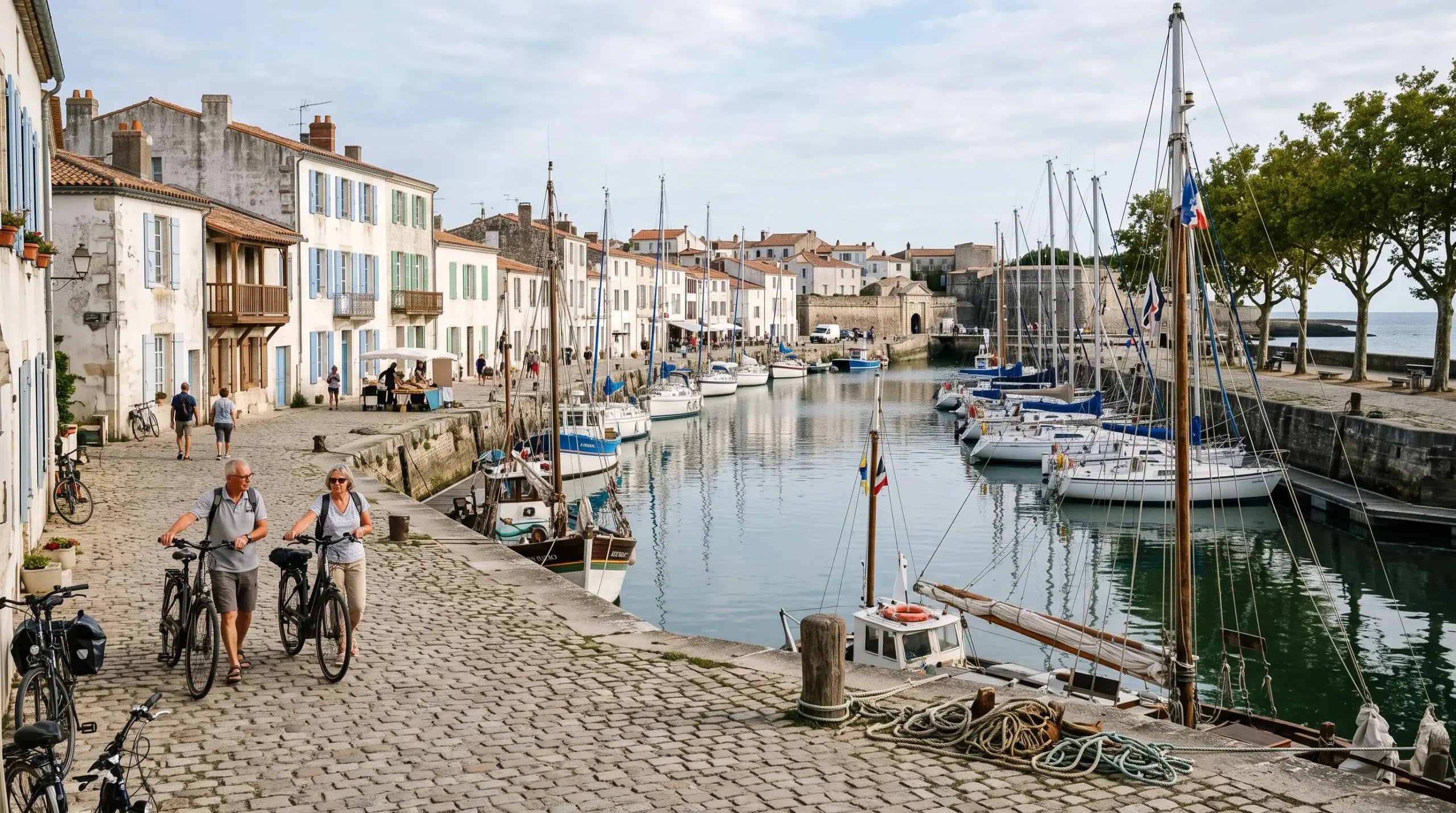 Visitors walking with bicycles along the stone harbour of Saint-Martin-de-Ré.